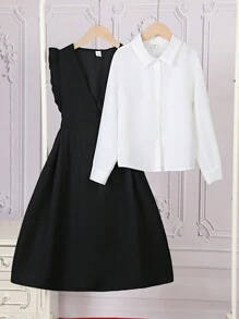 2 件套 女童前扣长袖衬衫和 V 领荷叶边下摆无袖裹身裙