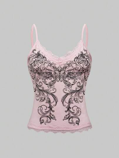 Fairycore Women's Lace Floral Print Camisole Top For Summer