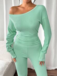 Chiquease 1 Set Women's Elegant Sexy Green Ribbed Oblique Shoulder 2-Piece Outfit - Mint Green - View 1
