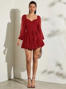 SHEIN BAE 女士轻质雪纺蝴蝶结系腰灯笼袖露背连衣裙， - 紅色 - 查看 4