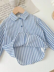 SHEIN LMoss Kids LMoss 女婴时尚百搭条纹长袖衬衫，适合休闲穿着和旅行 - 藍色 - 查看 4