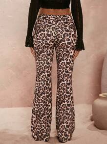 Opulessa Leopard Print Tie Front Flare Leg Pants For Vacation,Tall Women Pants,Fall Pants,VCAY - Brown - View 2