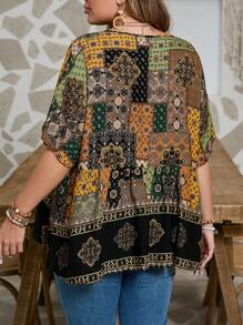 大码女式花卉印花系带荷叶边下摆休闲衬衫 - 黑色 - 查看 2