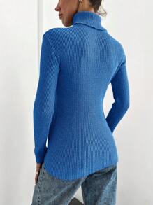 Cloudara Solid Color High Neck Sweater - Blue - View 2