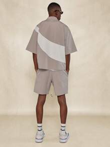 SUMWON Áo sơ mi tay ngắn bằng nylon phối màu Boxy Fit có khóa kéo và bộ 2 món ngắn - Màu Khaki - Xem 2