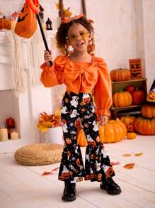 SHEIN 2pcs Young Girl Halloween Theme Knitted Square Neck Ruched Bow Decor Puff Sleeve Crop Top And Knitted Fitted Flared Pants Fall Set - Multicolor - View 3