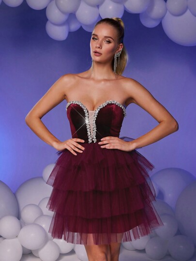 SHEIN Belle Burgundy Red Elegant Luxury Wine Red Strapless V-Neck Rhinestone Chain Velvet & Mesh Patchwork Ball Gown With Full Skirt, Suitable For Wedding Events, Bachelorette Party, Vacation, Formal Dance (Premium Edition)
