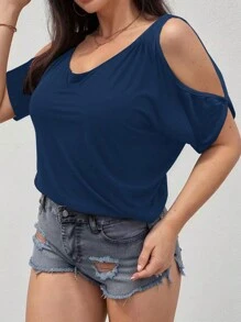 SHEIN LUNE Camiseta de manga murciélago con hombros descubiertos de talla grande en color sólido - Azul Marino - Ver 3