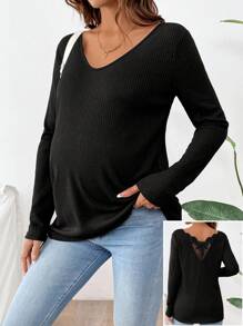 SHEIN Maternity Casual Solid Color Long Sleeve T-Shirt, Spring & Fall - Black - View 2