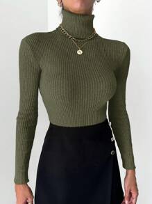 EURMUSE Women's Solid Color Simple Daily High Collar Long Sleeve Cardigan - Army Green - View 5
