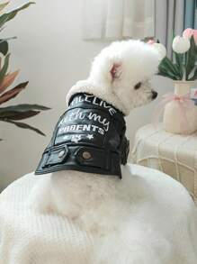 PETSIN 1 pieza Chaqueta de piel sintética negra con forro polar y bordado para mascotas, amistosa con correa, otoño/invierno - Negro - Ver 3