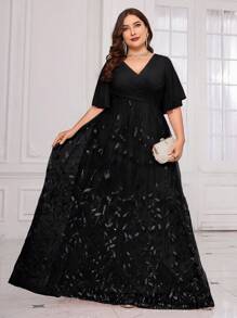 UNITHORSE 大码 V 领 [随机裁剪] 荷叶边袖，胸前褶皱叶子网纱刺绣亮片网纱撞色正式礼服，优雅适合晚宴、婚礼、毕业典礼、生日派对、舞会等场合，春季黑色 - 黑色 - 查看 5