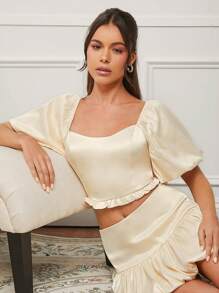 L'Amorae Bow Detail Puff Sleeve Ruffle Hem Square Neck Top
