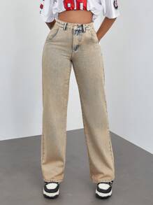 Jeans de mezclilla lavada de pierna recta informal para mujer