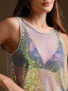 Anewsta Áo lưới co giãn nhiều lớp đính pha lê - Xám - Xem 1