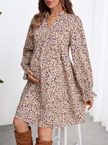 SHEIN Maternity Allover Print Flare Sleeve Smock Dress - Pink - View 5