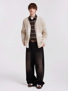 ROMWE MEN Street Life Men Grandpacore Solid Minimalist Casual Ombre Cardigan - Apricot - View 2