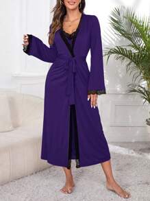 SHEIN Women Contrast Lace Long Belted Robe And Cami Nightgown Sleepwear Pajama Set Cozy And Elegant Details, Fall Winter Clothes - Purple - View 3