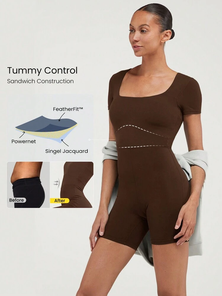 6" FeatherFit™ Tummy Control Square Neck U Back Jumpsuit Light Support Low Impact Yoga Pilates Studio Summer Spring