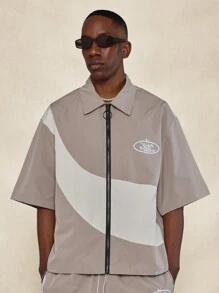 SUMWON Áo sơ mi tay ngắn bằng nylon phối màu Boxy Fit có khóa kéo và bộ 2 món ngắn - Màu Khaki - Xem 3