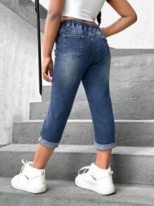 SHEIN Tween Girls' Casual Drawstring Waist Ripped Rolled Hem Casual Jeans With Pockets - Dark Wash - View 2