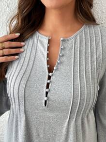 SHEIN LUNE Long Sleeve Button Decorated Empire Waist A-Line Dress, Plus Size - Grey - View 4