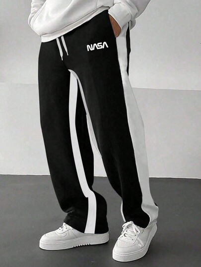 Manfinity Homme Men's Plus Size Contrast Color Simple Print Drawstring Sweatpants Going Out Color Block Plain Black Sweatpants, For Husband, Boyfriend Gifts