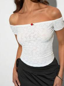 Forever 21 Áo Jacquard lệch vai màu trơn thường ngày mùa hè trang bị đi chơi hàng đầu - trắng - Xem 4