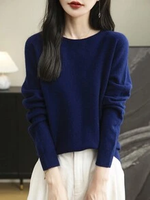 女士圆领长袖毛衣，秋冬季保暖柔软针织套头衫 - 藏蓝色 - 查看 5