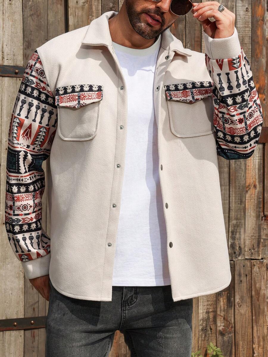 Manfinity Homme Men's Spring And Autumn Geometric Print Patch Pocket Casual Jacket - Multicolor - View 1