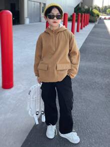 Chaqueta informal suelta tejida con bolsillo con parche y cremallera media para niños preadolescentes - Marrón - Ver 5