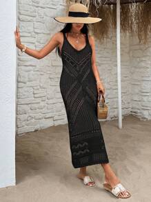 EURMUSE V Neck Ajour Midi Dress With Straps - Black - View 3