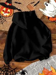 SHEIN Trang phục Halloween, Khủng long, Dơi, Nhện, Bí ngô, Boo Yeah! Áo nỉ dài tay dệt kim dày thoải mái hàng ngày đơn giản cho bé trai, phù hợp cho mùa thu và mùa đông - màu đen - Xem 2