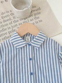 SHEIN LMoss Kids LMoss 女婴时尚百搭条纹长袖衬衫，适合休闲穿着和旅行 - 藍色 - 查看 5