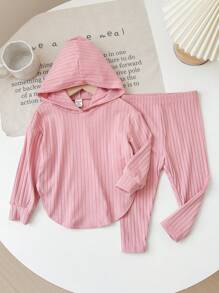 SHEIN 女婴针织弹力纯色连帽上衣和松紧腰裤套装，秋冬 - 粉色 - 查看 6