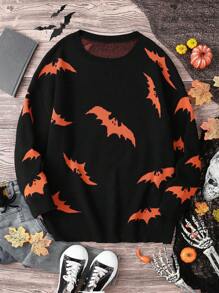 SHEIN Clasi 加大码万圣节蝙蝠图案保暖圆领毛衣，适合派对、家居服和秋冬季外出 - 彩色 - 查看 1