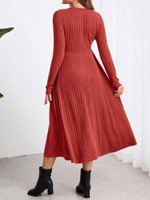 SHEIN Maternity Tight Fitting Red Midi Long Sleeve Dress, Midi Dress, Fall - Redwood - View 5