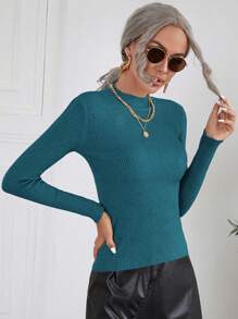 SHEIN Clasi Áo len bó cổ tròn tay dài trơn cho nữ mùa thu/đông - Màu xanh ngọc - Xem 3