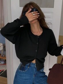 DAZY Áo khoác cardigan dài tay cổ tròn rộng rãi cho nữ - màu đen - Xem 2