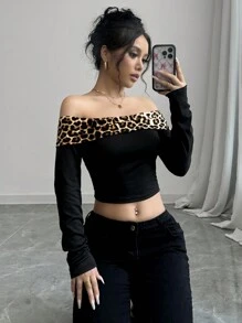 Rafferiza 性感露肩撞色豹纹女式 T 恤 图案猎豹印花 T 恤 女式上衣