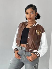 SHEIN 青少年女孩休闲拼布熊图案拉链 PU 皮革运动夹克、飞行员夹克 - 駝色 - 查看 3