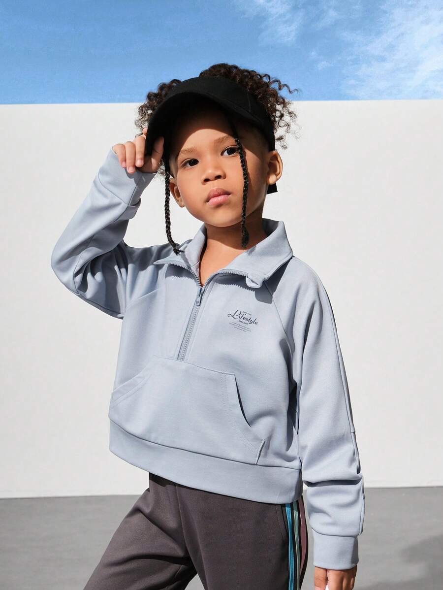 SHEIN Sudadera informal con cuello alto, cremallera y estampado para niñas, diseño simple y elegante para exteriores y uso cotidiano