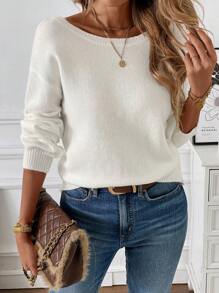 SHEIN LUNE Women's Solid Color Minimalist Casual Crew Neck Sweater Knit Pullover Fall Winter Outfit - White - View 5