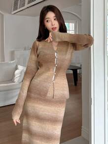 DAZY Conjunto de cárdigan y falda de punto degradado para mujer, ropa de otoño para mujer - Caqui - Ver 6