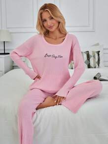 RueChic Letter Graphic Rib-knit Lounge Set - Pink - View 3