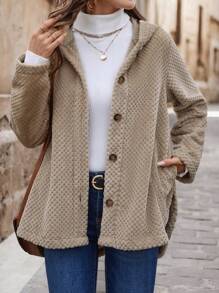 SHEIN LUNE Chaqueta reversible cálida y esponjosa de longitud media con capucha para mujer, térmica para otoño/invierno - Caqui - Ver 6