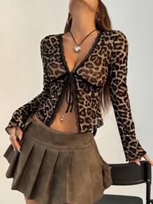 EgrlEra Open Front Leopard Print Mesh & Lace Contrast,Ladies Sexy Contrast Lace,Tie Front Flare Sleeve V Neck Regular Fit Brown All Over Print,Animal,Leopard Print,Textured Pattern Women Tops,Spring/Fall,Casual Daily Wear Y2K Outfit  - Brown - View 3