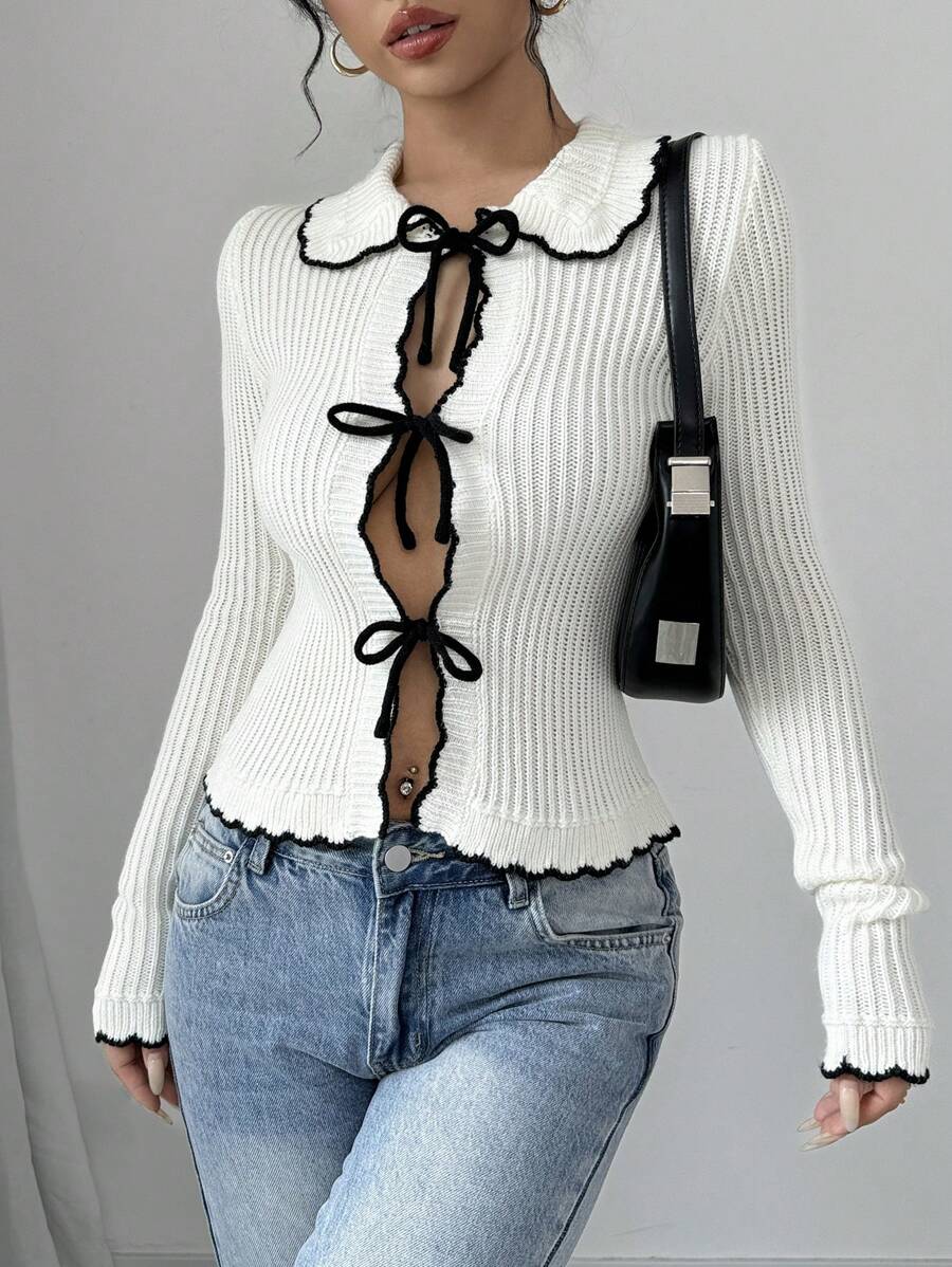 Elenzga 女士纯色简约休闲 V 领蝴蝶结装饰长袖开衫 - 杏色 - 查看 1