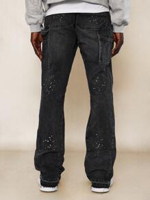 SUMWON Slim Fit Raw Edge Jean With Splatter Paint - Black - View 4