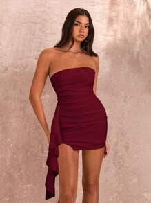 SHEIN BAE Summer Sleeveless Strapless Sexy Ruched High Slit Ruffle Wrap  Dress For Women - Burgundy - View 7